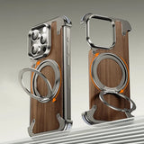 Luxury Walnut Wood 360° Rotating Ring Stand Magnetic Phone Case for iPhone 15 14 Series