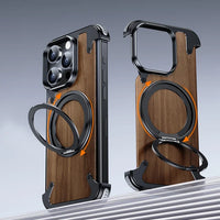 Luxury Walnut Wood 360° Rotating Ring Stand Magnetic Phone Case for iPhone 15 14 Series