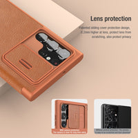 Leather Flip Cover Slide Camera Lens Protection Case For Samsung S22 Ultra S22 Plus