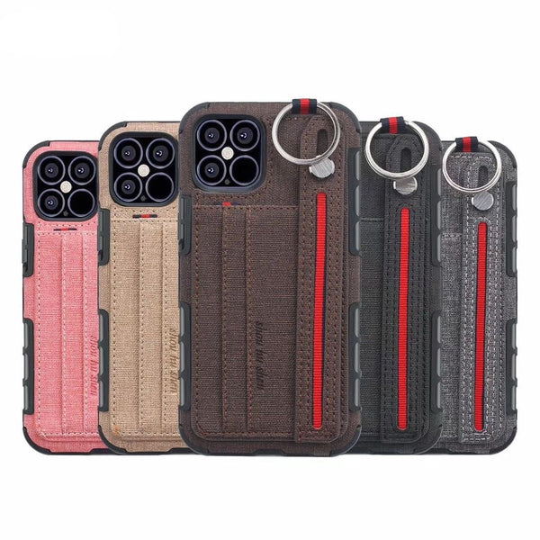 Case for iPhone 12 11 Pro Max XR XS 7 8 6 Plus Funda with Wrist Strap Fabric Cloth Card Slot Shockproof Anti-fall Back Cover
