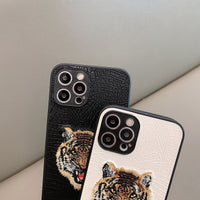 3D Embroidery Tiger Head Aesthetic Leather Texture Case for iPhone 13 12 11 Pro Max