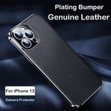 Luxury Plating Camera Lens Protector Genuine Leather Case For iPhone 13 12 11 Series