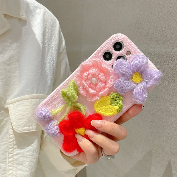 Korean Cute 3D Pink Soft Woolen Flower Phone Case for iPhone 13 12 11 Series