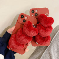 Korea Cute Wine Red Plush Love Heart Bracelet Wrist Chain case for iPhone 13 12 11 Series