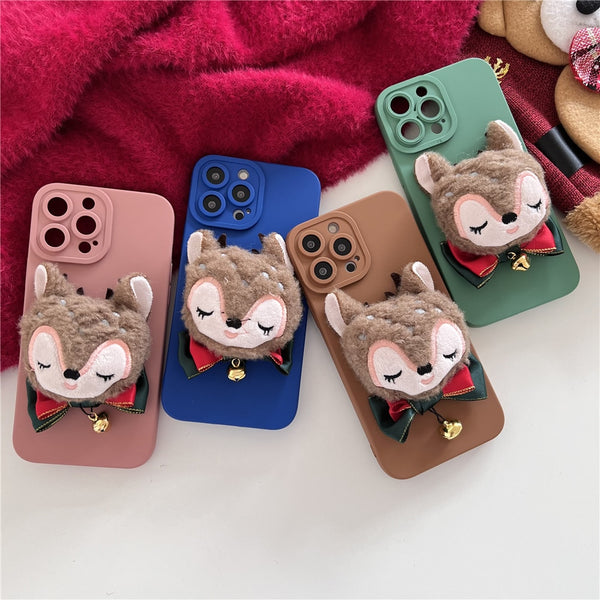 Winter Plush Cartoon Elk Doll Bowknot Soft Silicone Candy Color Case For iPhone 13 12 11 Series