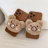 Luxury 3D Cute Warm Plush Bear Stand Holder Soft Silicone Case For iPhone 13 12 11 Series