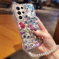 3D Butterfly Bling Rose Diamond Chain Case For Samsung S23 S22 S21 series