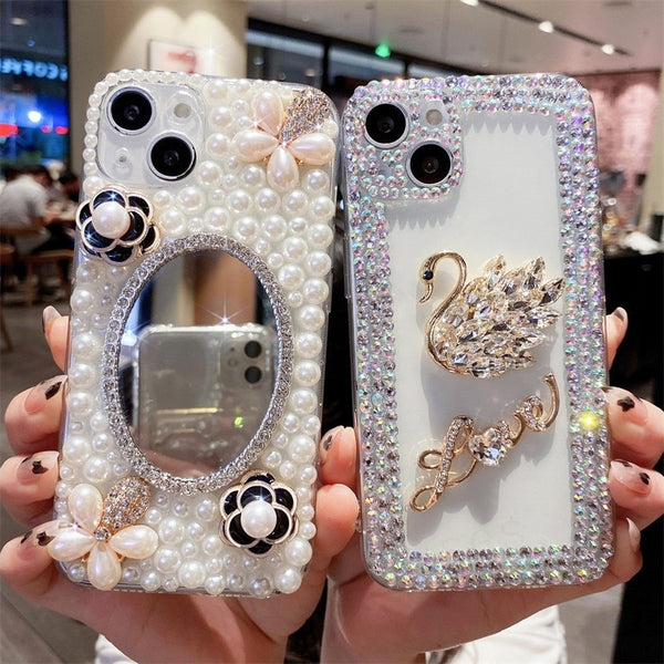 3D Camellia Swan Bling Diamond Case For iPhone 14 13 12 series