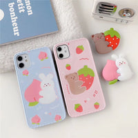 3D Cartoon Rabbit Bear Peach Strawberry Holder Stand Silicone Soft Case for iPhone 11 Series