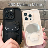 3D Cute Kitty Makeup Mirror Soft Liquid Silicone Case for iPhone 15 14 13 12 series