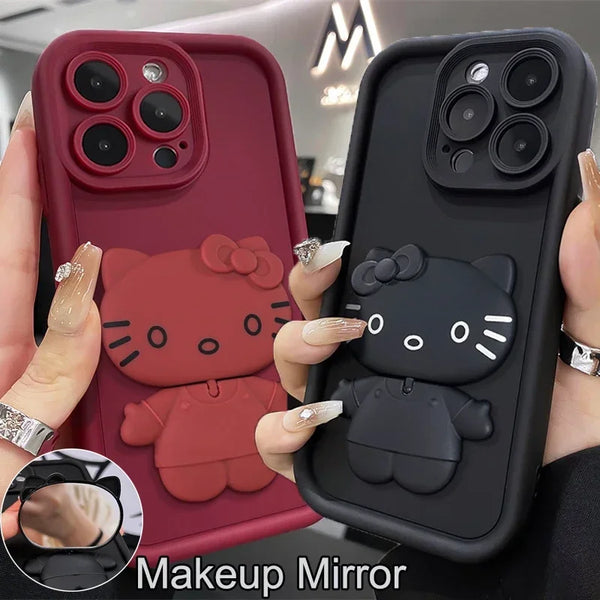 3D Cute Kitty Makeup Mirror Soft Liquid Silicone Case for iPhone 15 14 13 12 series
