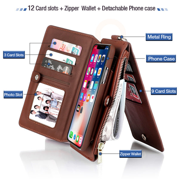 Leather Zipper Wallet Removable Flip Cover Card Case For iPhone X 8 7 6