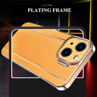 Plating Frame Leather Texture Invisible Camera Protector Kickstand Case For iPhone 12 Series
