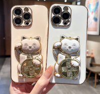 Cute 3D Lucky Cat Folding Bracket Soft Electroplated Case For iPhone 14 13 12 series