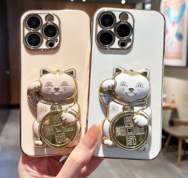 Cute 3D Lucky Cat Folding Bracket Soft Electroplated Case For iPhone 14 13 12 series