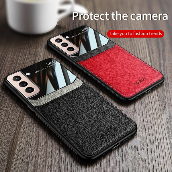 Grained Leather Mirror Shockproof Case for Samsung Galaxy S21 Note 20 Series