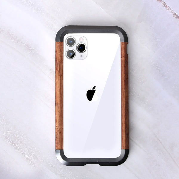 2 in 1 Hybrid Frame Edge Protective Cover Ultra Thin Metal Wooden Bumper Case for iPhone 11 Series