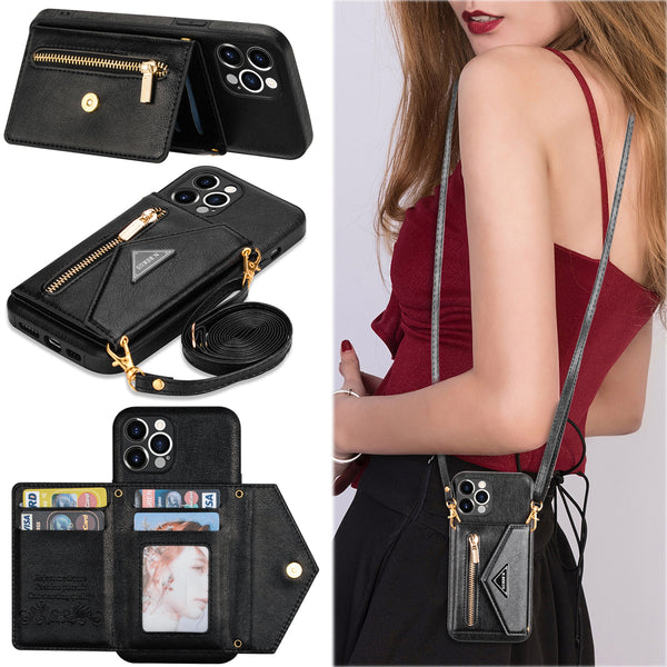 Zipper Wallet Card Holder Lanyard Strap Crossbody Leather Case for iPhone 13 12 11 Pro Max Mini