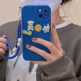 Cute Cartoon Bear Bracelet Blue Phone Case with Wristchain For iPhone 13 12 11 Series