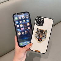 3D Embroidery Tiger Head Aesthetic Leather Texture Case for iPhone 13 12 11 Pro Max