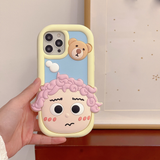 Cartoon Pink Curly Hair Lovely Boy Shockproof Case For iPhone 14 13 12 series