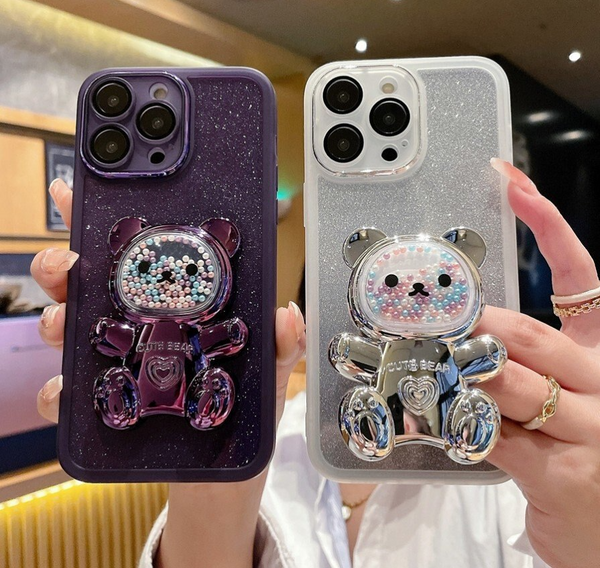 Cute 3D Bear Colored Bead Glitter Stand Holder Soft Case For iPhone 14 13 12 series