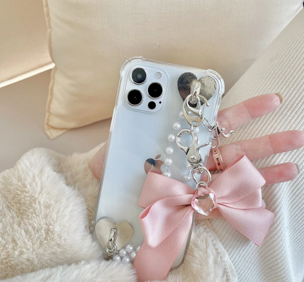 3D Bow Pearl Bracelet Chain Soft Case For iPhone 14 13 12 series