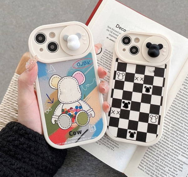Cute Bear Slide Camera Protection Cartoon Soft Silicone Case for iPhone 14 13 12 series