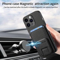 Carbon Fiber Leather Wallet Card Holder Case With Folding Bracket for iPhone 15 14 13 12 series