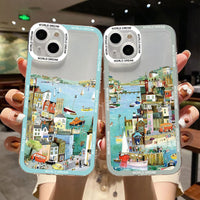 Cartoon Colourful Anime Hand Painted House Scenery Clear Case For iPhone 14 13 12 series