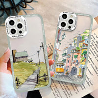 Cartoon Colourful Anime Hand Painted House Scenery Clear Case For iPhone 14 13 12 series