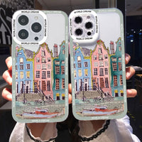 Cartoon Colourful Anime Hand Painted House Scenery Clear Case For iPhone 14 13 12 series