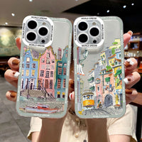 Cartoon Colourful Anime Hand Painted House Scenery Clear Case For iPhone 14 13 12 series