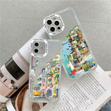 Cartoon Colourful Anime Hand Painted House Scenery Clear Case For iPhone 14 13 12 series