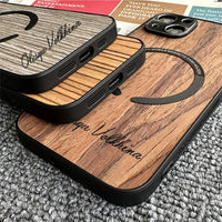 Custom Name Wood Grain Magnetic Magsafe Wireless Charge Shockproof Lens Case For iPhone 14 13 12 series