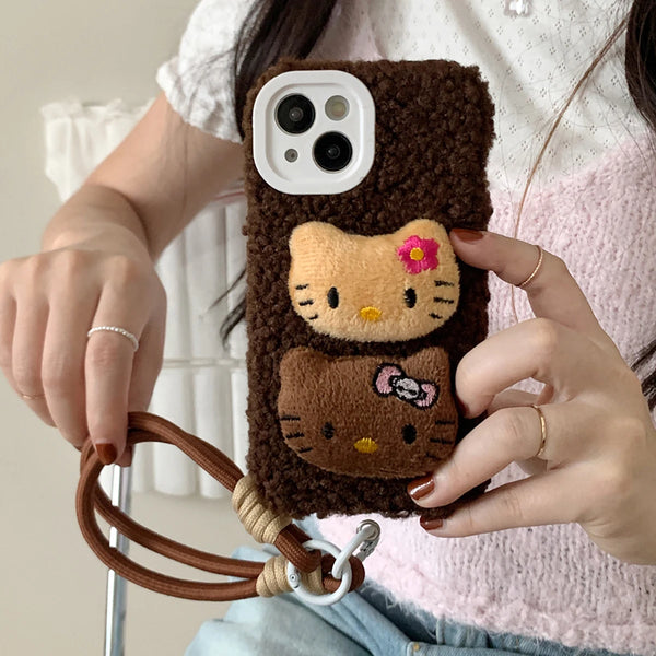 Cute 3D Fur Cat Plush Case With Lanyard For iPhone 15 14 13 12 series