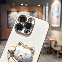 Cute 3D Lucky Cat Folding Bracket Soft Electroplated Case For iPhone 14 13 12 series