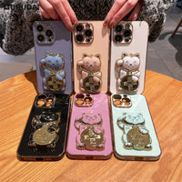 Cute 3D Lucky Cat Folding Bracket Soft Electroplated Case For iPhone 14 13 12 series