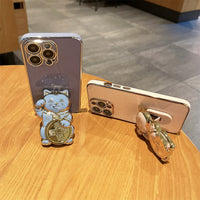 Cute 3D Lucky Cat Folding Bracket Soft Electroplated Case For iPhone 14 13 12 series