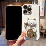 Cute 3D Lucky Cat Folding Bracket Soft Electroplated Case For iPhone 14 13 12 series