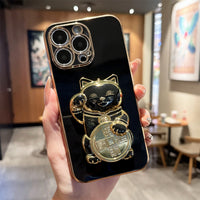 Cute 3D Lucky Cat Folding Bracket Soft Electroplated Case For iPhone 14 13 12 series