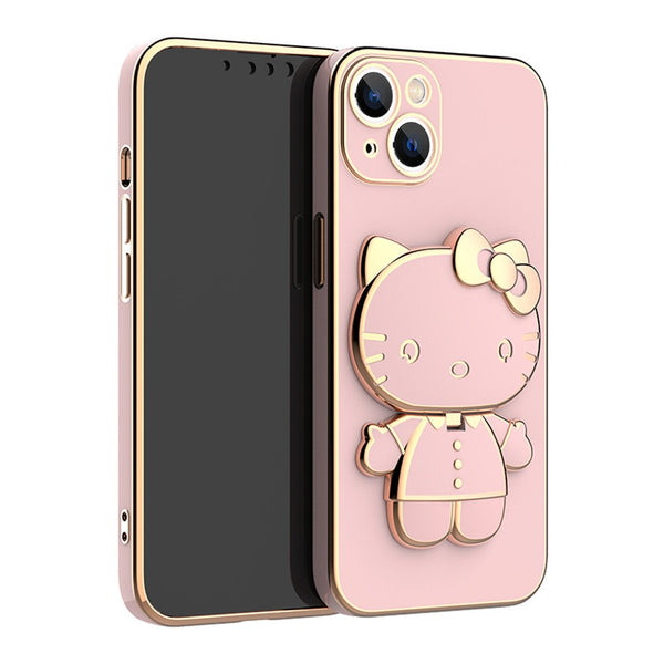 Solid Color Cute Hello Cat KickStand With Mirror Inside Case For iPhone 14 13 12 series