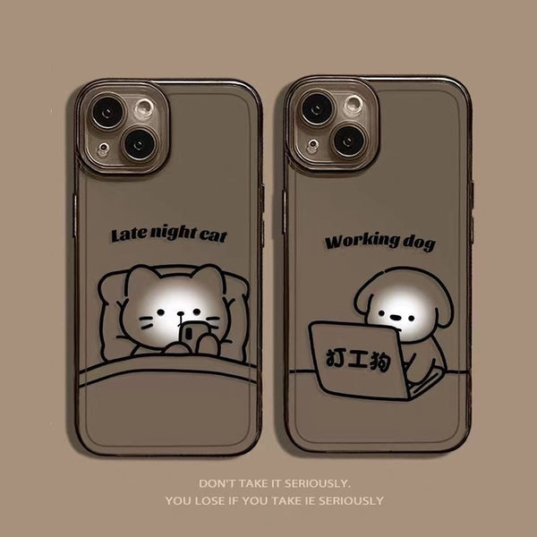 Cute Minimal Cat Dog Cartoon Transparent Soft Case For iPhone 14 13 12 series