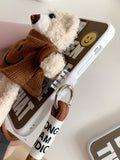 Cute Plush 3D Bear 2-in-1 Removable Silicone Case With Lanyard Strap Crossbody For iPhone 14 13 12 series