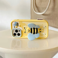 Cute Cartoon 3D Bee With Bracket Function Silicone Soft Case for iPhone 14 13 12 series