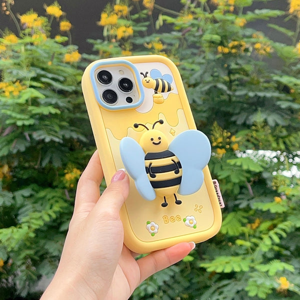 Cute Cartoon 3D Bee With Bracket Function Silicone Soft Case for iPhone 14 13 12 series