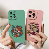 Skeleton Skull Flowers Pattern Soft Silicone Case For iPhone 14 13 12 series