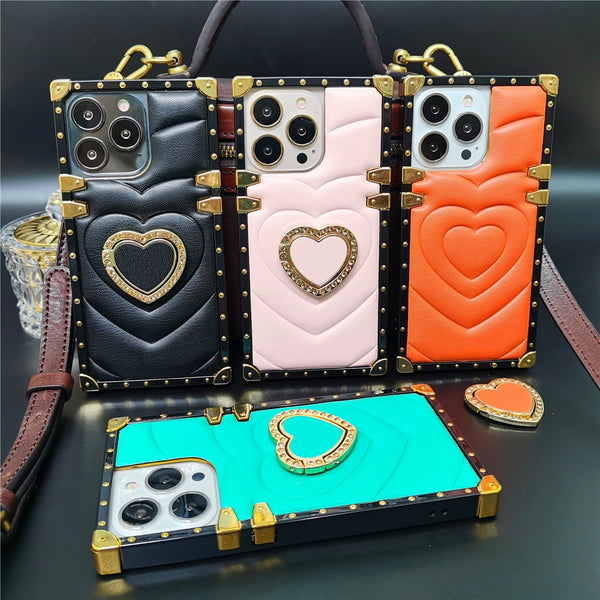 Fashion 3D Love Heart Soft PU Leather Metal Shockproof Case For iPhone 14 13 12 series