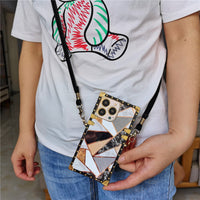 Fashion Glitter Diamond Square Lanyard Geometric Splicing Case for iPhone 14 13 12 series