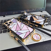 Fashion Glitter Diamond Square Lanyard Geometric Splicing Case for iPhone 14 13 12 series